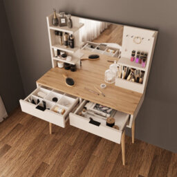 Vanity Dressing Table With Mirror & Shelves, 2 Drawer Makeup Desk With Wooden Legs (Bella, Oak-Light Grey) - thumbnail 2