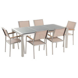 Beliani Garden Dining Set 6 Seater Grosseto Grey/ Beige Granite Triple Plate Polished