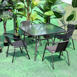 Living And Home Black Tempered Glass 4 Seater Garden Furniture Set Outdoor Dinging Table And Stackable Chairs With Umbrella Hole 105 Cm - thumbnail 1