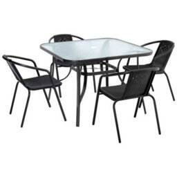Living And Home Black Tempered Glass 4 Seater Garden Furniture Set Outdoor Dinging Table And Stackable Chairs With Umbrella Hole 105 Cm - thumbnail 4