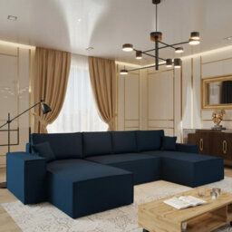 Malaga U Mdf Corner Sofa Bed With Dl Pull Out Seat Storage For Living Room Freestanding Back 370X181X94Cm Blue