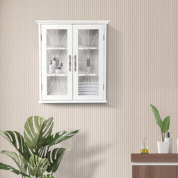 Teamson Home Bathroom Wall Cabinet, Wooden Cabinet With 2 Doors, Glass Doors, Bathroom Storage, White