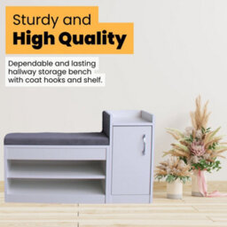 Novecrafto White Shoe Racks Storage Bench With Coat Stand & Shelf Combo - Grey Cushion Shoe Storage Seat - Wallet And Key Holder Organizer - thumbnail 4