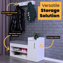 Novecrafto White Shoe Racks Storage Bench With Coat Stand & Shelf Combo - Grey Cushion Shoe Storage Seat - Wallet And Key Holder Organizer - thumbnail 5