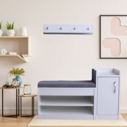 Novecrafto White Shoe Racks Storage Bench With Coat Stand & Shelf Combo - Grey Cushion Shoe Storage Seat - Wallet And Key Holder Organizer - thumbnail 1
