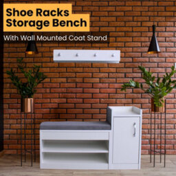 Novecrafto White Shoe Racks Storage Bench With Coat Stand & Shelf Combo - Grey Cushion Shoe Storage Seat - Wallet And Key Holder Organizer - thumbnail 2