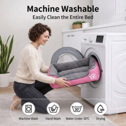 Small Dog & Cat Bed - Soft Washable Pink & Grey Fleece Pet Cushion Basket (45X32Cm) - thumbnail 6