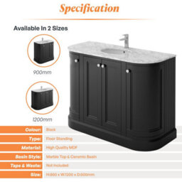 Plum&clay Fairmont Traditional Curved Black Floor Standing Vanity Unit With Ceramic Basin & Marble Top (W)1200mm - thumbnail 5