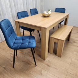 Kosy Koala Modern Oak Effect Dining Table Set With 4 Blue Velvet Chairs And Bench Dining Room Furniture - thumbnail 2
