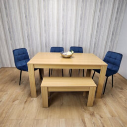Kosy Koala Modern Oak Effect Dining Table Set With 4 Blue Velvet Chairs And Bench Dining Room Furniture - thumbnail 8