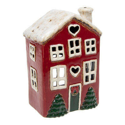 Village Pottery Christmas Heart House With Trees Tea Light Holder - image 1