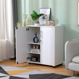MMT Funiture Designs Storage Cabinet White Wooden Cupboard Filing Cabinet With 2 Shelves - 2 Door Lockable Cupboard Under Desk Office Unit Organiser - thumbnail 3