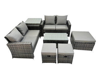 Fimous Pe Rattan Garden Furniture Set Lounge Double Seat Sofa Coffee Table Set With Side Table 3 Stools Dark Grey Mixedmixed - image 1