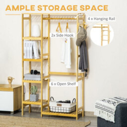 Homcom Bamboo Coat Rack W/ Hooks Hanging Rail And Storage Shelf For Entryway - thumbnail 4