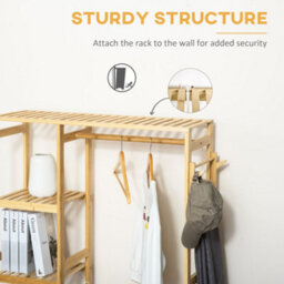 Homcom Bamboo Coat Rack W/ Hooks Hanging Rail And Storage Shelf For Entryway - thumbnail 7