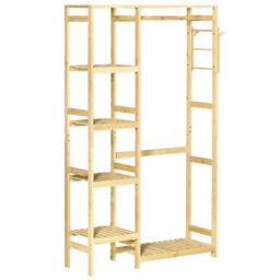Homcom Bamboo Coat Rack W/ Hooks Hanging Rail And Storage Shelf For Entryway - thumbnail 2