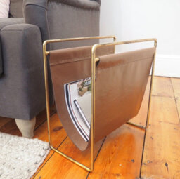 Metal Magazine Rack With Leather Look - Magazine Holder Brass - thumbnail 4