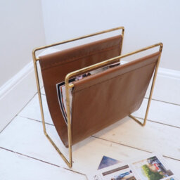 Metal Magazine Rack With Leather Look - Magazine Holder Brass - thumbnail 2