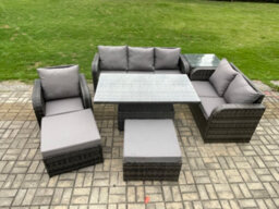 Fimous Rattan Outdoor Furniture Garden Dining Set Patio Height Adjustable Rising Lifting Table Chair Sofa With 2 Big Footstool - thumbnail 2