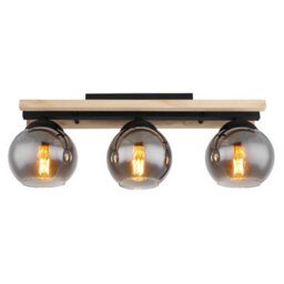 Luminosa Lighting Luminosa Conni Globe Ceiling Light Matt Black Wood Natural Brown Smoke Glass Shade 3X E27 - thumbnail 3