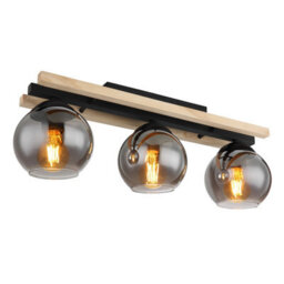 Luminosa Lighting Luminosa Conni Globe Ceiling Light Matt Black Wood Natural Brown Smoke Glass Shade 3X E27