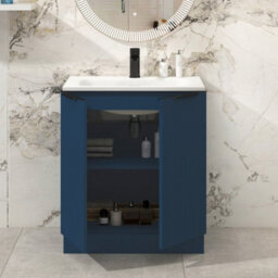 Royal Bathrooms Evora 700mm Midnight Blue Fluted Floor Standing Bathroom Vanity Unit 2 Door Cabinet Storage With Stone Basin & Matt Black Handles - thumbnail 3