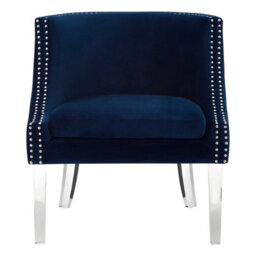 Orsina Velvet Upholstered Blue Curved Chair, Mid Century Design Comfortable Armchair, Sleek Modern Armchair