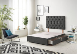 "Somnior Beds Premier 4Ft Small Double Divan Bed Base With 30"" Tufted Headboard - Tweed Fabric, Charcoal - 4 Drawer Storage"