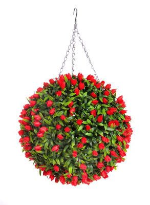 Best Artificial 38Cm Red Lush Tulip Hanging Basket Flower Topiary Ball - Suitable For Outdoor Use - Weather & Fade Resistant - image 1