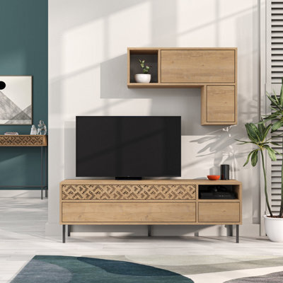 Decortie Heaton Modern Tv Unit Oak With Storage And Wall Shelf 144.6Cm - image 1