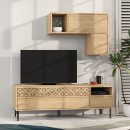 Decortie Heaton Modern Tv Unit Oak With Storage And Wall Shelf 144.6Cm - thumbnail 4