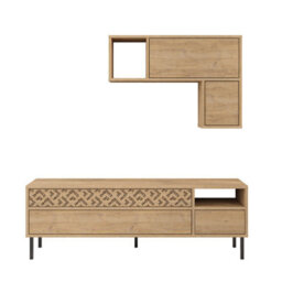 Decortie Heaton Modern Tv Unit Oak With Storage And Wall Shelf 144.6Cm - thumbnail 2