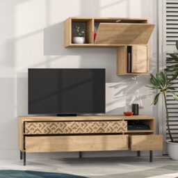 Decortie Heaton Modern Tv Unit Oak With Storage And Wall Shelf 144.6Cm - thumbnail 5