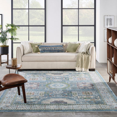 Ivory Light Blue Luxurious Traditional Persian Easy To Clean Bordered Floral Dining Room Bedroom And Living Rug-269Cm X 361Cm