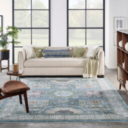 Ivory Light Blue Luxurious Traditional Persian Easy To Clean Bordered Floral Dining Room Bedroom And Living Rug-269Cm X 361Cm - thumbnail 1
