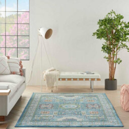 Ivory Light Blue Luxurious Traditional Persian Easy To Clean Bordered Floral Dining Room Bedroom And Living Rug-269Cm X 361Cm - thumbnail 2
