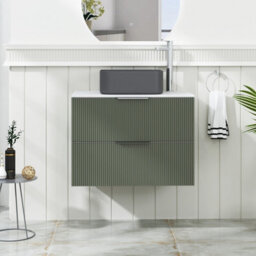 Royal Bathrooms Evora 700mm Sage Green Fluted Wall Hung Countertop Vanity Unit 2 Drawer With Art Square Basin - thumbnail 1
