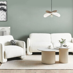 Beliani White 3-Seater Fabric Sofa With Matching Armchair, Wide Backrest, Eucalyptus Frame - thumbnail 1