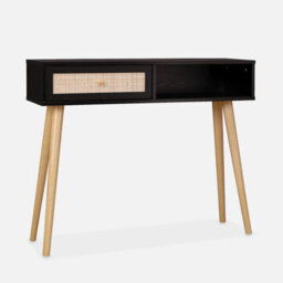 Sweeek - 100Cm Wood And Cane Decor Console Table Boheme Black 100X29X81 Cm