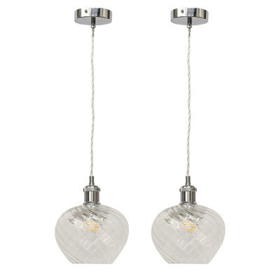 First Choice Lighting Set Of 2 Bradson - Clear Swirl Glass Chrome Retro Pendant Fittings - image 1