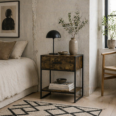 Wyld Haus Likeli Rustic Brown Bedside Table With Drawer And Bottom Shelf - 45 X 40 X 60 Cm - image 1