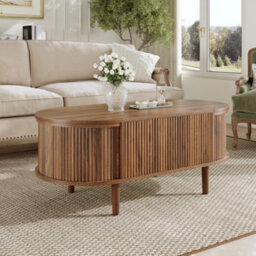 Matteo Oval Adjustable Coffee Table With Storage - Walnut Finish, Vintage Style - thumbnail 4