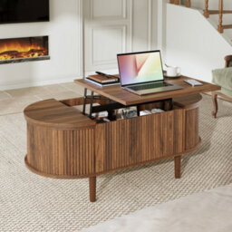 Matteo Oval Adjustable Coffee Table With Storage - Walnut Finish, Vintage Style - thumbnail 3