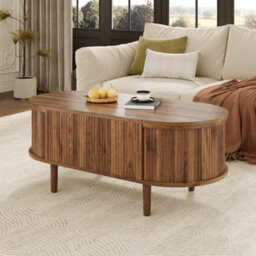Matteo Oval Adjustable Coffee Table With Storage - Walnut Finish, Vintage Style - thumbnail 1