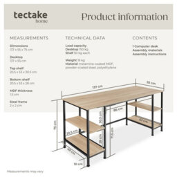 Tectake Desk Stoke - 2 Side Shelves With 2 Storage Compartments Each 55 Cm - Industrial Wood Light, Oak Sonoma - thumbnail 6
