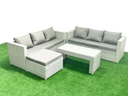 Fimous 7 Seater Garden Outdoor Rattan Furniture Set Rattan Garden Sofa Oblong Coffee Table Big Stool Light Grey - thumbnail 2