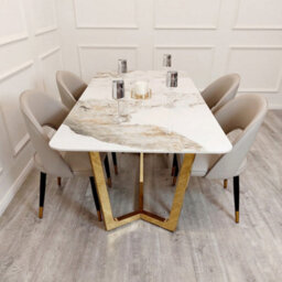 Stratus Interiors Lucien 1.8 Gold Dining Table With Pandora Gold Sintered Stone Top - Add Professional Assembly & Delivery- Gold Leg Color