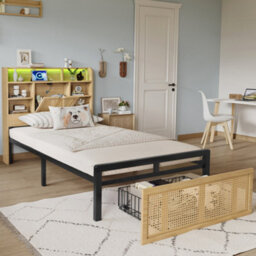 Btm 3Ft Wooden Bed 90X190 Cm, Single Bed With Charging Port, Led Headboard Storage, Rattan Drawer, Mdf+Iron, Wood Colour - thumbnail 3