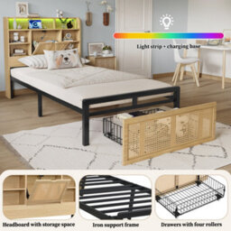 Btm 3Ft Wooden Bed 90X190 Cm, Single Bed With Charging Port, Led Headboard Storage, Rattan Drawer, Mdf+Iron, Wood Colour - thumbnail 8