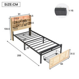 Btm 3Ft Wooden Bed 90X190 Cm, Single Bed With Charging Port, Led Headboard Storage, Rattan Drawer, Mdf+Iron, Wood Colour - thumbnail 7